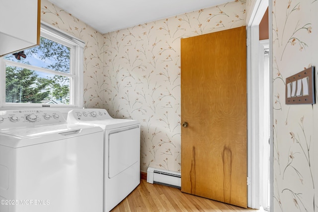 811 Fay Ct, Point Pleasant, NJ 08742 - laundry room with wallpapered walls, a baseboard radiator, independent washer and dryer, light wood-style flooring, and plenty of natural light