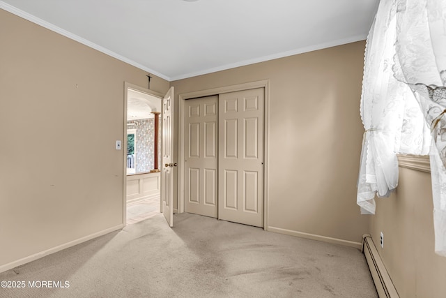 811 Fay Ct, Point Pleasant, NJ 08742 - unfurnished bedroom with a baseboard radiator, light colored carpet, a closet, and ornamental molding