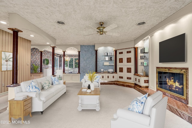 811 Fay Ct, Point Pleasant, NJ 08742 - living area featuring ceiling fan, a glass covered fireplace, carpet floors, wallpapered walls, and recessed lighting