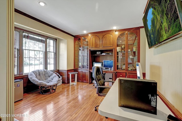 26 Bruns Rd, Allenhurst, NJ 07711 - office featuring wainscoting, crown molding, light wood-style floors, and recessed lighting