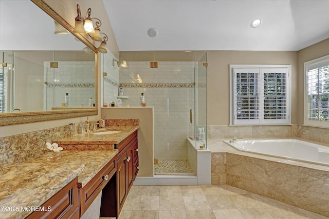 26 Bruns Rd, Allenhurst, NJ 07711 - full bathroom featuring vanity, a garden tub, a stall shower, vaulted ceiling, and recessed lighting