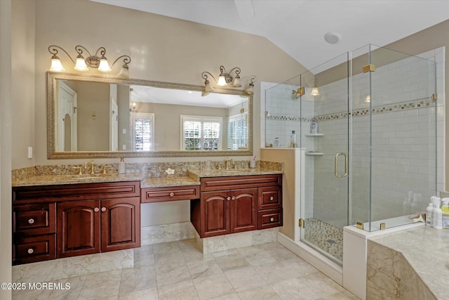 26 Bruns Rd, Allenhurst, NJ 07711 - bathroom with a stall shower, double vanity, lofted ceiling, and marble finish floors