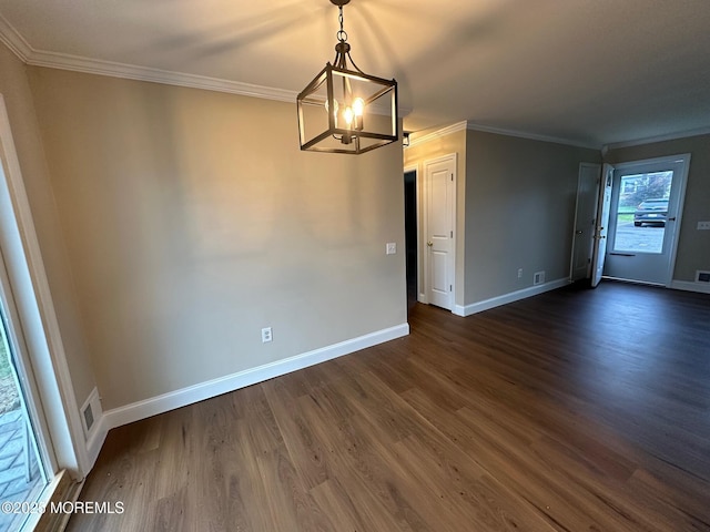 8 Missouri Ct, Matawan, NJ 07747 - unfurnished dining area with a chandelier, dark wood-type flooring, and crown molding