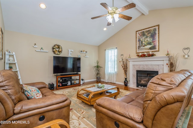12 Aarons Way, Brick, NJ 08723 - living room featuring ceiling fan, a premium fireplace, wood finished floors, beam ceiling, and recessed lighting