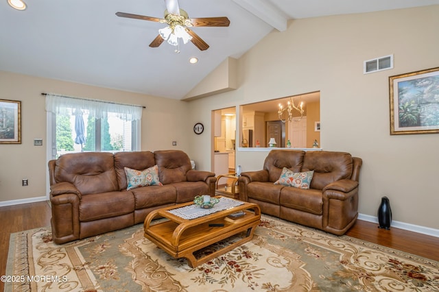 12 Aarons Way, Brick, NJ 08723 - living room with wood finished floors, a chandelier, beamed ceiling, high vaulted ceiling, and a ceiling fan