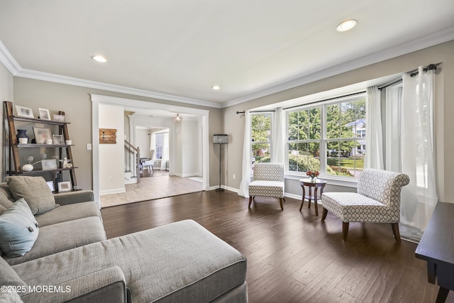 304 Mackenzie Dr, Jackson, NJ 08527 - living room featuring stairs, crown molding, hardwood / wood-style flooring, and recessed lighting