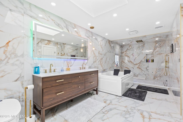 1218 W Park Ave, Ocean Twp, NJ 07712 - full bath with tile walls, a garden tub, double vanity, a marble finish shower, and marble tiled flooring