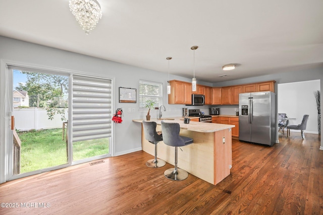18 4th Ave, Toms River, NJ 08757 - kitchen featuring appliances with stainless steel finishes, a peninsula, dark wood-style floors, and hanging light fixtures