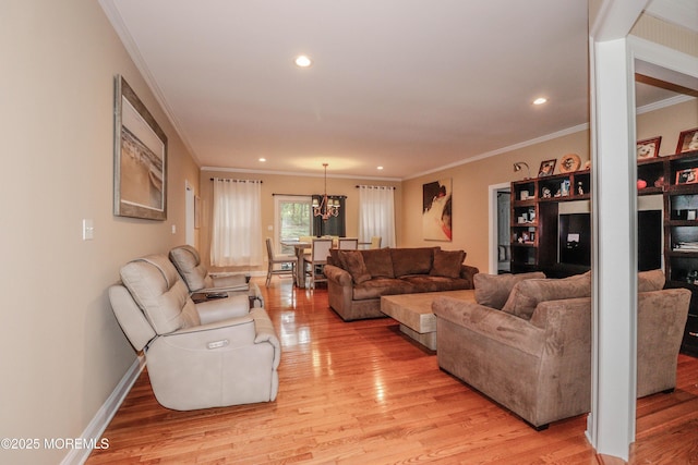 45 Sugar Hill Rd, Manahawkin, NJ 08050 - living area with crown molding, light wood-style flooring, a chandelier, and recessed lighting