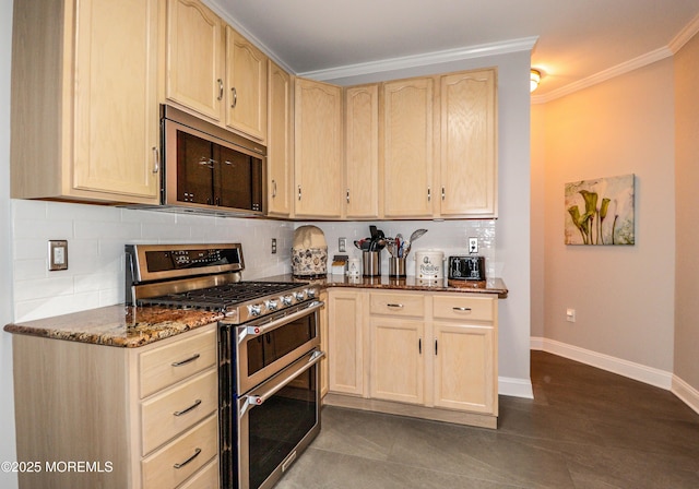 45 Sugar Hill Rd, Manahawkin, NJ 08050 - kitchen with stainless steel appliances, light brown cabinetry, ornamental molding, dark stone countertops, and tasteful backsplash