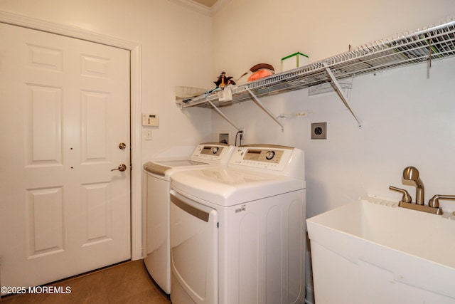 45 Sugar Hill Rd, Manahawkin, NJ 08050 - washroom with washer and clothes dryer, crown molding, and light tile patterned floors