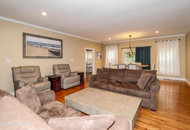 45 Sugar Hill Rd, Manahawkin, NJ 08050 - living area featuring a chandelier, light wood finished floors, recessed lighting, and ornamental molding