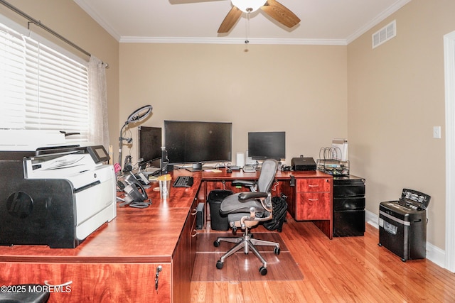 45 Sugar Hill Rd, Manahawkin, NJ 08050 - office area with ornamental molding, a ceiling fan, and light wood-style floors
