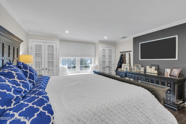 15 E Pine Branch Dr, Millstone, NJ 08510 - bedroom featuring french doors, wood finished floors, recessed lighting, and ornamental molding