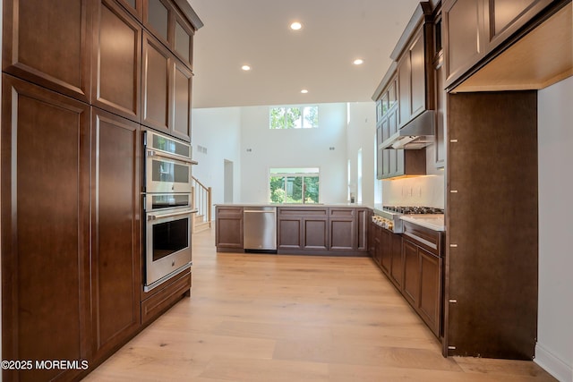 15 Ashlynn Ct, Manalapan, NJ 07726 - kitchen featuring appliances with stainless steel finishes, light wood-style floors, a peninsula, recessed lighting, and under cabinet range hood