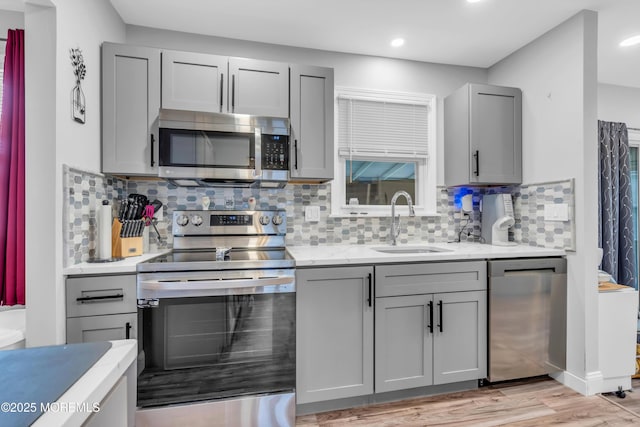 81 Falmouth Ave Unit 72, Whiting, NJ 08759 - kitchen with stainless steel appliances, gray cabinets, decorative backsplash, light wood finished floors, and recessed lighting