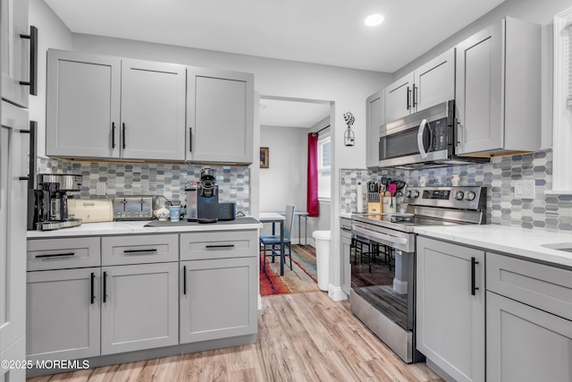 81 Falmouth Ave Unit 72, Whiting, NJ 08759 - kitchen featuring appliances with stainless steel finishes, gray cabinetry, tasteful backsplash, light wood-type flooring, and recessed lighting
