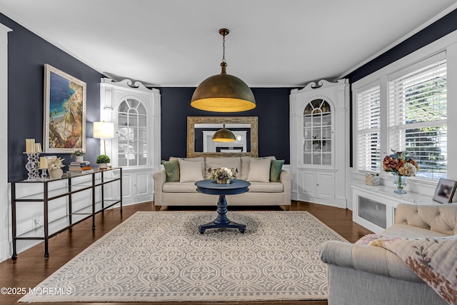 6 Buttonwood Dr, Shrewsbury Boro, NJ 07702 - living area featuring ornamental molding and dark wood-style floors