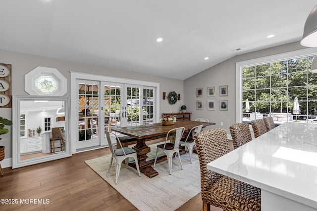 6 Buttonwood Dr, Shrewsbury Boro, NJ 07702 - dining area with french doors, vaulted ceiling, wood finished floors, and recessed lighting