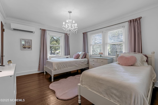 6 Buttonwood Dr, Shrewsbury Boro, NJ 07702 - bedroom featuring a wall mounted AC, crown molding, dark wood-type flooring, and a chandelier