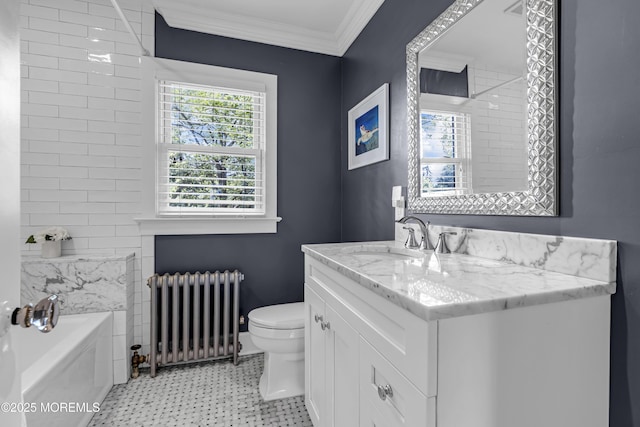 6 Buttonwood Dr, Shrewsbury Boro, NJ 07702 - full bathroom featuring radiator heating unit, ornamental molding, a bath, vanity, and tile patterned floors