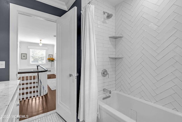 6 Buttonwood Dr, Shrewsbury Boro, NJ 07702 - bathroom featuring crown molding and shower / bath combination with curtain