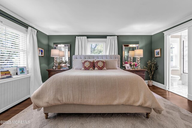 6 Buttonwood Dr, Shrewsbury Boro, NJ 07702 - bedroom featuring crown molding, wood finished floors, radiator heating unit, and connected bathroom
