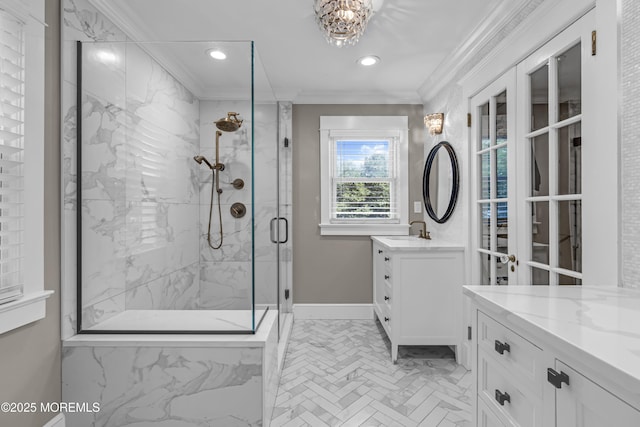 6 Buttonwood Dr, Shrewsbury Boro, NJ 07702 - bathroom with vanity, a marble finish shower, crown molding, and recessed lighting