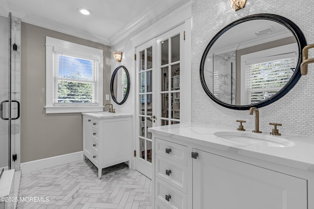 6 Buttonwood Dr, Shrewsbury Boro, NJ 07702 - full bath featuring two vanities, crown molding, a stall shower, and recessed lighting