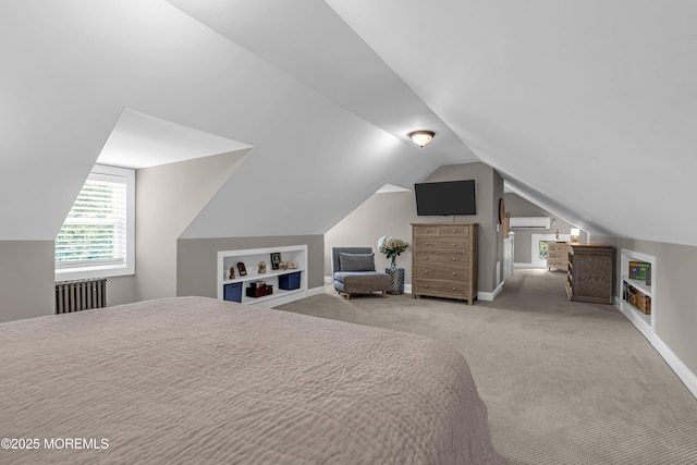 6 Buttonwood Dr, Shrewsbury Boro, NJ 07702 - bedroom featuring radiator heating unit, vaulted ceiling, carpet floors, and a wall unit AC