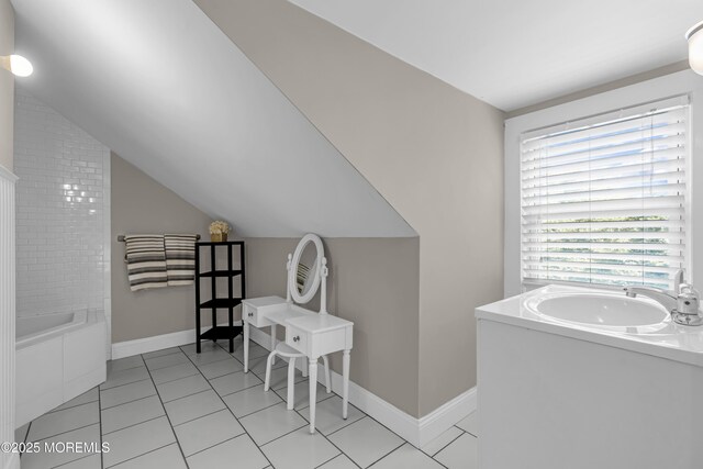 6 Buttonwood Dr, Shrewsbury Boro, NJ 07702 - full bath featuring a bathtub, lofted ceiling, tile patterned flooring, and vanity