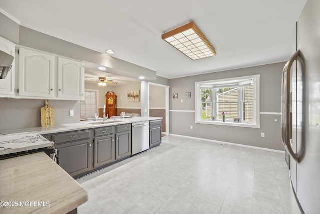 23 Norlaine Dr, Cookstown, NJ 08511 - kitchen featuring dishwasher, freestanding refrigerator, gray cabinets, white cabinets, and light countertops