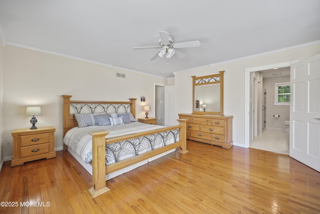 23 Norlaine Dr, Cookstown, NJ 08511 - bedroom with light wood finished floors, crown molding, ceiling fan, and ensuite bathroom