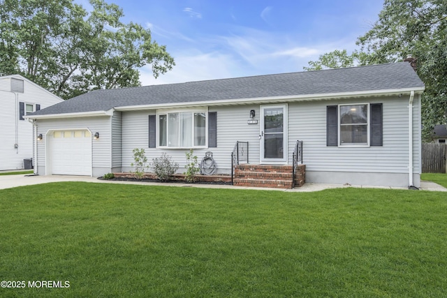 235 Willow Ln, Forked River, NJ 08731 - ranch-style home with a garage, a front lawn, driveway, entry steps, and roof with shingles
