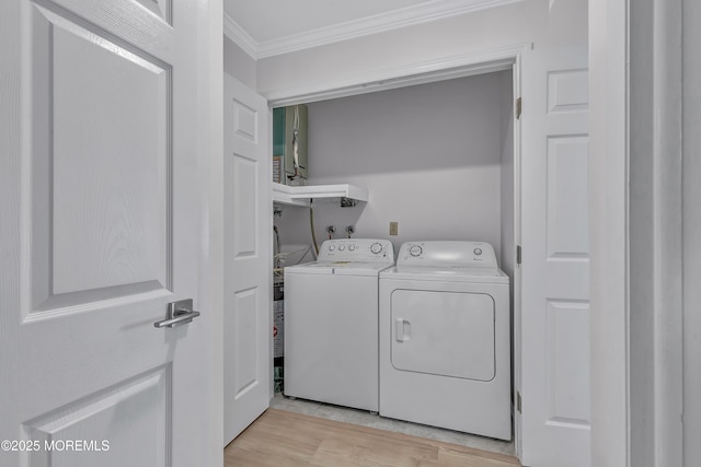 404 Picardy Ct Unit A, Lakewood, NJ 08701 - laundry room featuring crown molding, washer and dryer, and light wood-type flooring