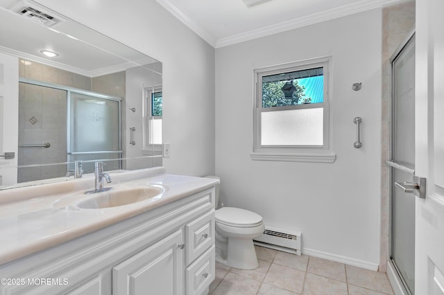 404 Picardy Ct Unit A, Lakewood, NJ 08701 - full bath featuring a baseboard heating unit, vanity, a stall shower, crown molding, and tile patterned floors