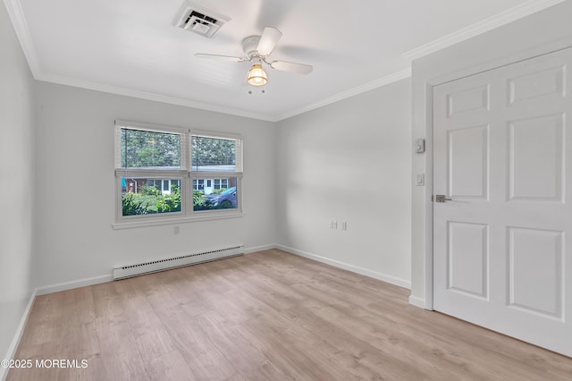 404 Picardy Ct Unit A, Lakewood, NJ 08701 - unfurnished room featuring a baseboard radiator, a ceiling fan, light wood-style flooring, and ornamental molding
