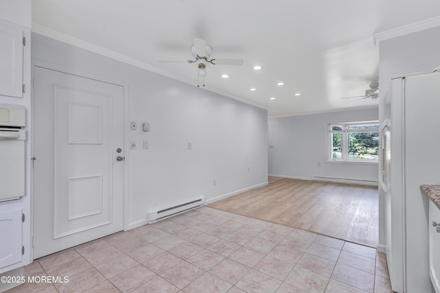 404 Picardy Ct Unit A, Lakewood, NJ 08701 - interior space featuring baseboard heating, a ceiling fan, white fridge with ice dispenser, ornamental molding, and recessed lighting