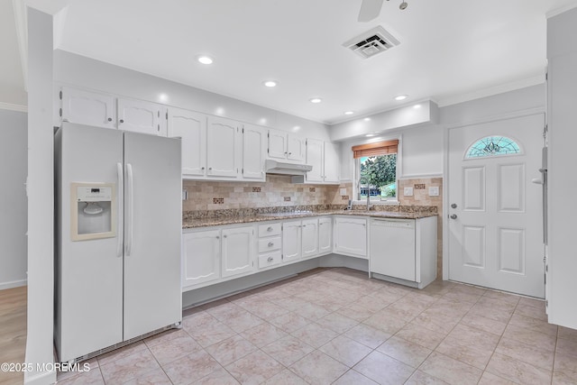 404 Picardy Ct Unit A, Lakewood, NJ 08701 - kitchen with white appliances, white cabinets, decorative backsplash, crown molding, and recessed lighting