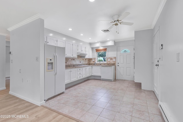 404 Picardy Ct Unit A, Lakewood, NJ 08701 - kitchen featuring white appliances, a baseboard radiator, white cabinets, a ceiling fan, and ornamental molding