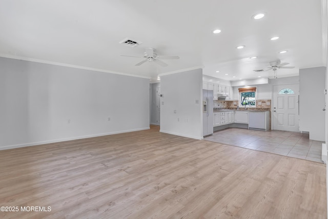 404 Picardy Ct Unit A, Lakewood, NJ 08701 - unfurnished living room with a ceiling fan, recessed lighting, crown molding, and light wood-style flooring