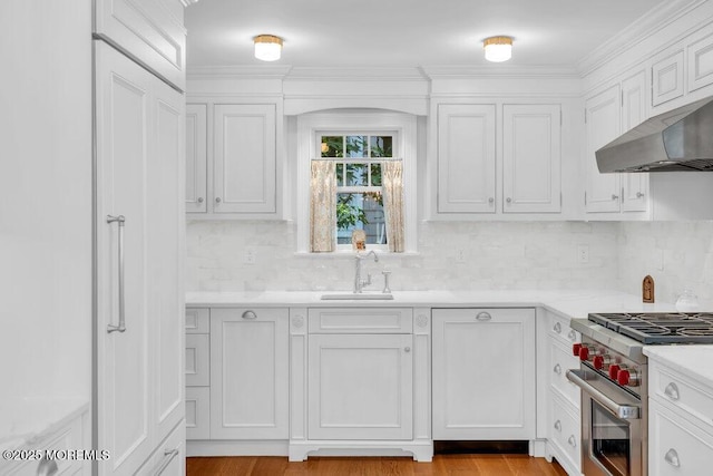 1905 3rd Ave, Spring Lake, NJ 07762 - kitchen featuring high end stove, light countertops, backsplash, white cabinets, and crown molding