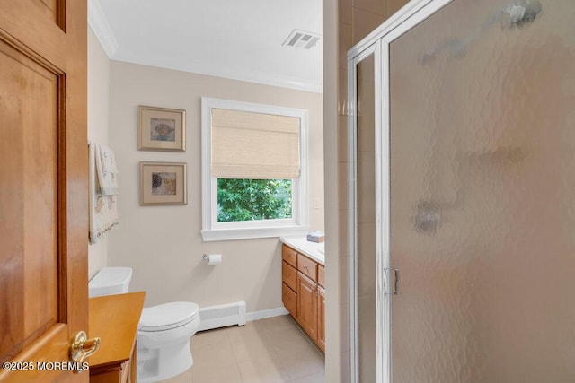 1905 3rd Ave, Spring Lake, NJ 07762 - full bathroom featuring vanity, a stall shower, a baseboard heating unit, tile patterned flooring, and crown molding