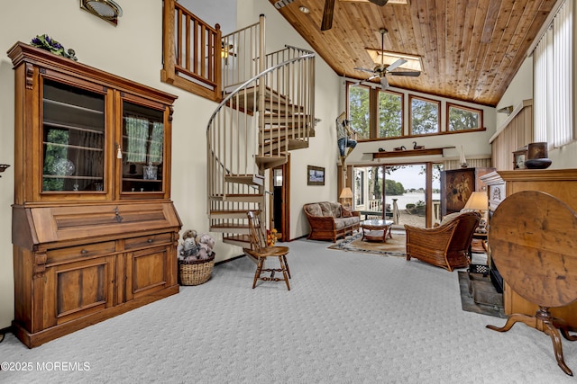 35 Tahoe Ln, Stafford, NJ 08050 - living area featuring carpet, ceiling fan, high vaulted ceiling, stairway, and wooden ceiling