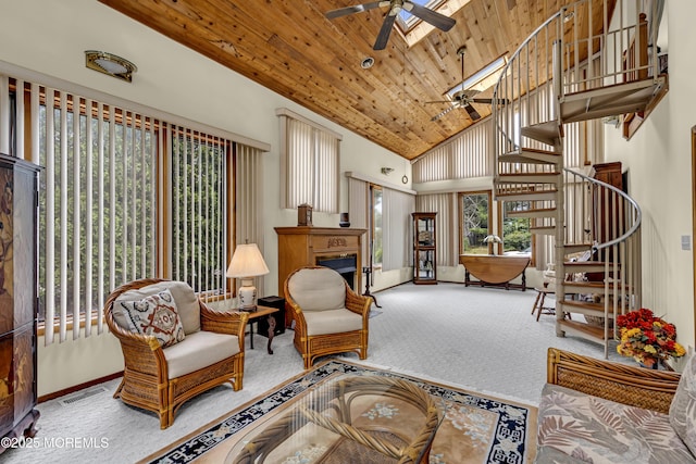 35 Tahoe Ln, Stafford, NJ 08050 - carpeted living area with ceiling fan, stairs, high vaulted ceiling, wooden ceiling, and a fireplace