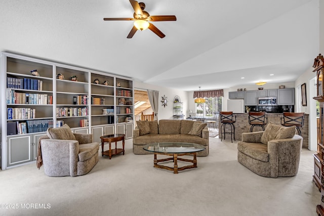 35 Tahoe Ln, Stafford, NJ 08050 - living room with a ceiling fan, light carpet, lofted ceiling, and recessed lighting