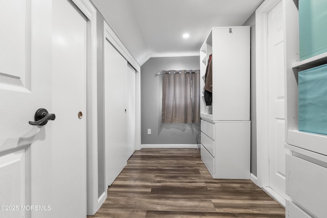 243 Donald Ave, Rahway, NJ 07065 - hallway featuring dark wood finished floors, recessed lighting, and vaulted ceiling