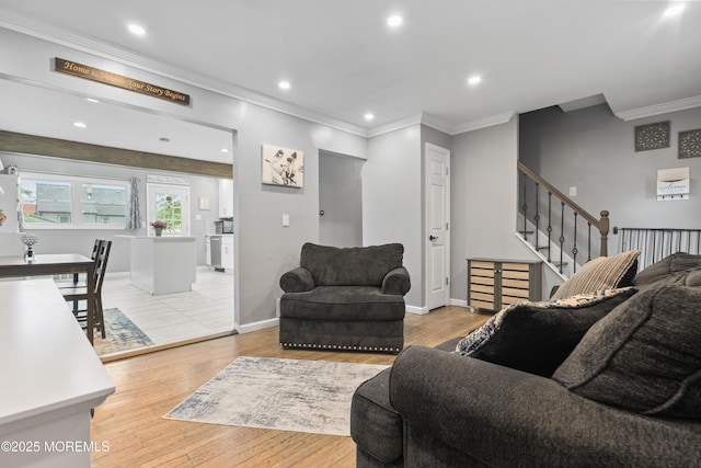 243 Donald Ave, Rahway, NJ 07065 - living area with crown molding, stairway, light wood-style flooring, and recessed lighting