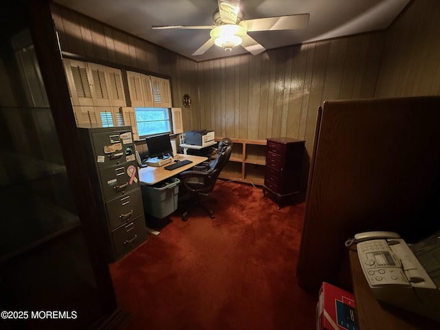 34 Woodbrook Cir, Westfield, NJ 07090 - home office with ceiling fan, carpet, and wooden walls