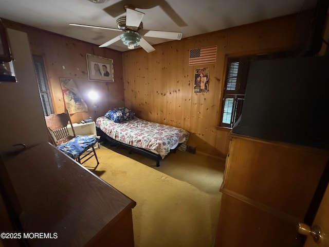 34 Woodbrook Cir, Westfield, NJ 07090 - carpeted bedroom with ceiling fan and wooden walls
